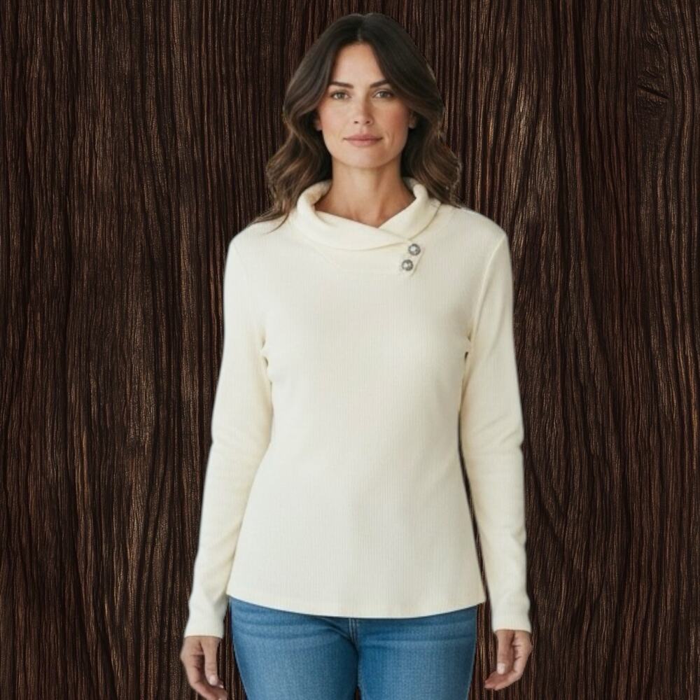 Lauren Ralph Lauren Shawl Collar XL Womens Ribbed Cotton Long Sleeve Top Cream
